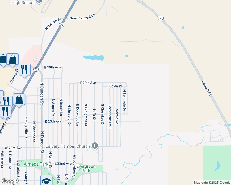map of restaurants, bars, coffee shops, grocery stores, and more near 2601-2733 Navajo Road in Pampa