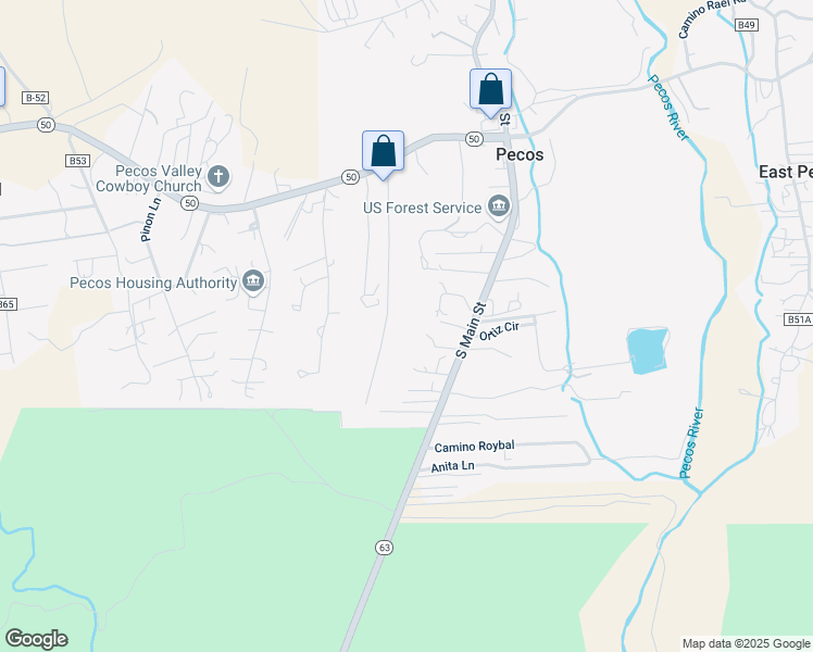 map of restaurants, bars, coffee shops, grocery stores, and more near Camino Contento in Pecos