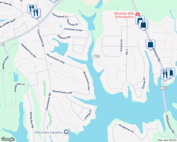 map of restaurants, bars, coffee shops, grocery stores, and more near 218 Wood Duck Loop in Mooresville