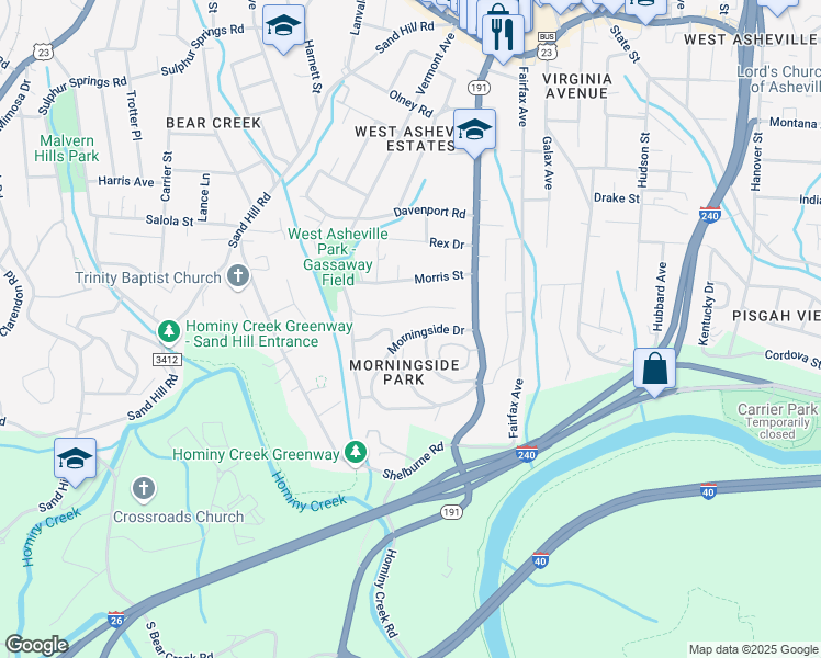 map of restaurants, bars, coffee shops, grocery stores, and more near 59 Morningside Drive in Asheville