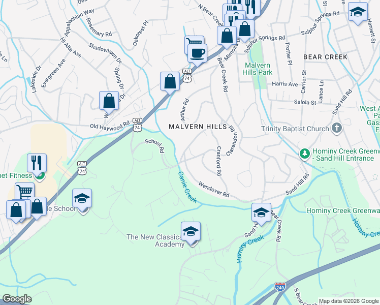 map of restaurants, bars, coffee shops, grocery stores, and more near 99999 Wendover Road in Asheville
