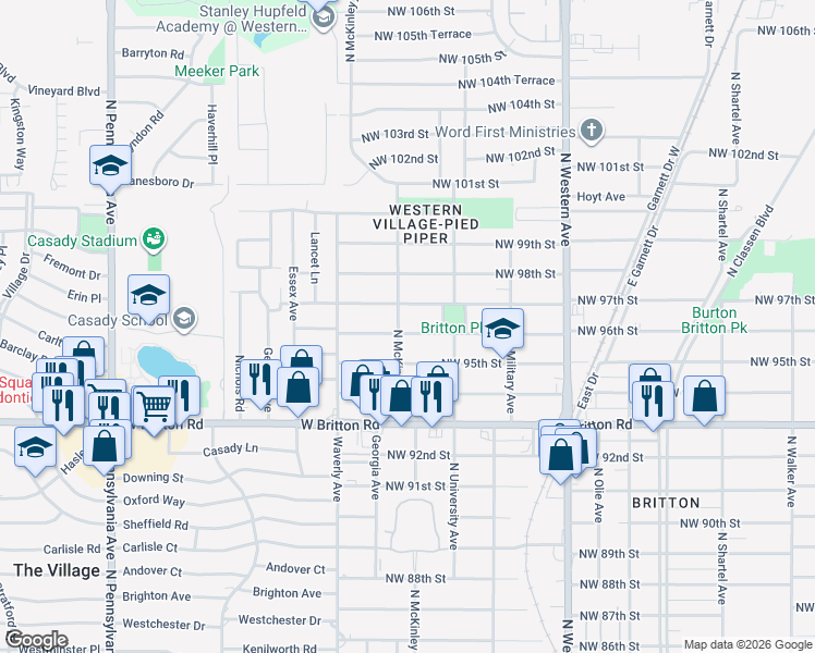 map of restaurants, bars, coffee shops, grocery stores, and more near 1337 Northwest 95th Street in Oklahoma City