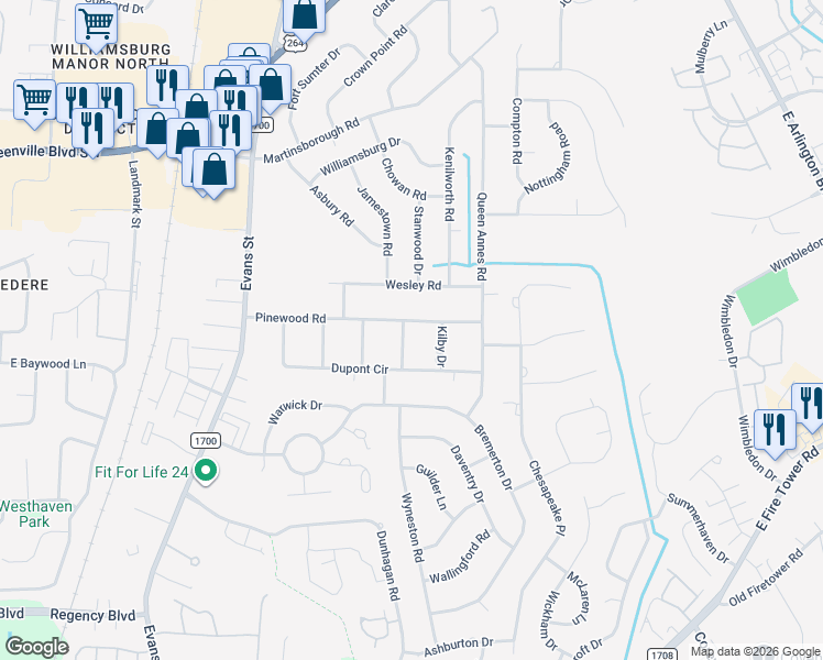 map of restaurants, bars, coffee shops, grocery stores, and more near 105 Marion Drive in Greenville