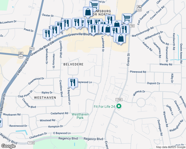 map of restaurants, bars, coffee shops, grocery stores, and more near 3101 East Baywood Lane in Greenville