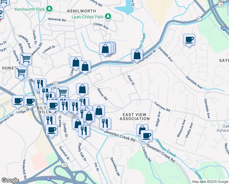 map of restaurants, bars, coffee shops, grocery stores, and more near 22 Melody Lane in Asheville
