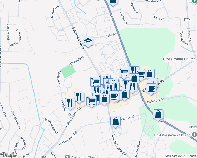 map of restaurants, bars, coffee shops, grocery stores, and more near Turnbury Drive in Greenville
