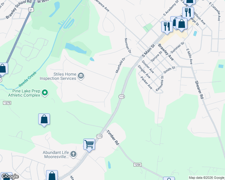 map of restaurants, bars, coffee shops, grocery stores, and more near 1021 Muirfield Drive in Mooresville