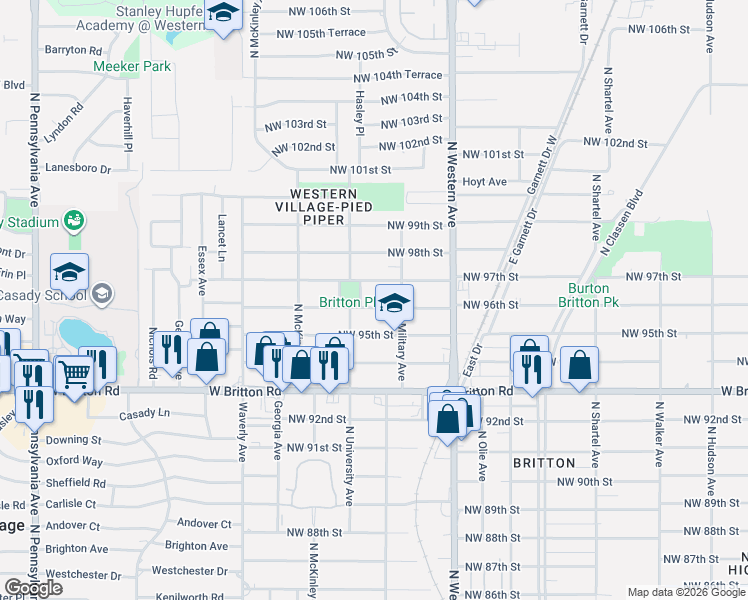 map of restaurants, bars, coffee shops, grocery stores, and more near 1215 Northwest 95th Street in Oklahoma City