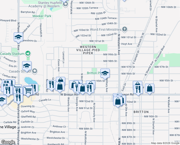 map of restaurants, bars, coffee shops, grocery stores, and more near 9801 North University Avenue in Oklahoma City