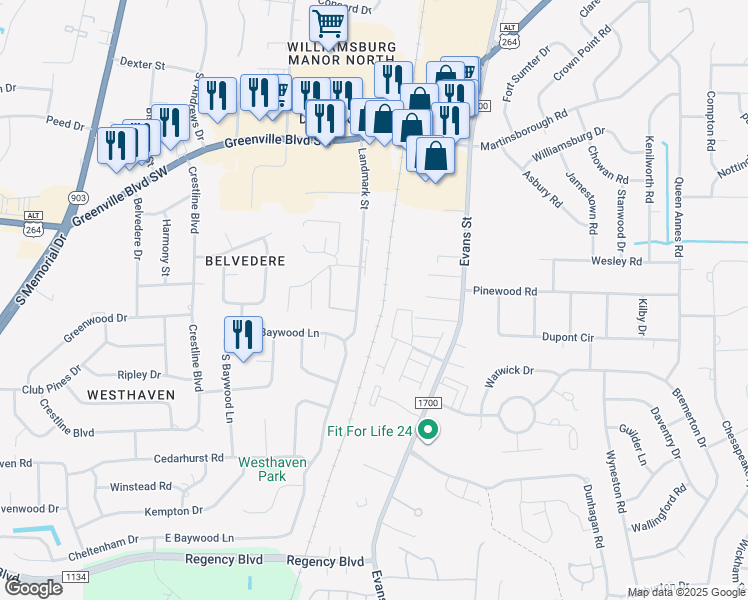 map of restaurants, bars, coffee shops, grocery stores, and more near 3309 Landmark Street in Greenville