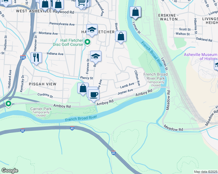 map of restaurants, bars, coffee shops, grocery stores, and more near 11 Peace Street in Asheville