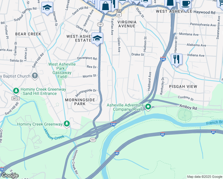 map of restaurants, bars, coffee shops, grocery stores, and more near 224 Fairfax Avenue in Asheville