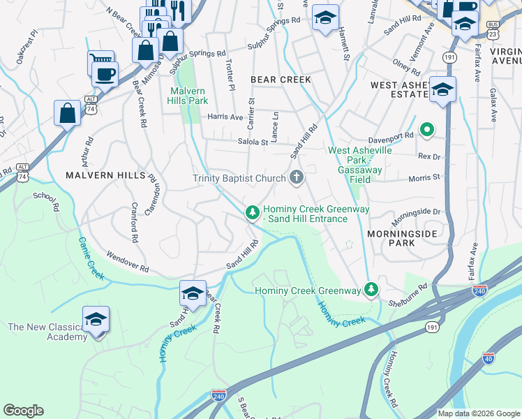 map of restaurants, bars, coffee shops, grocery stores, and more near 385 Sand Hill Road in Asheville