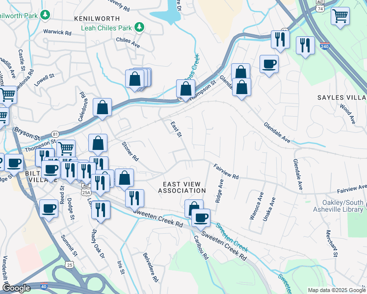 map of restaurants, bars, coffee shops, grocery stores, and more near 53 East Street in Asheville
