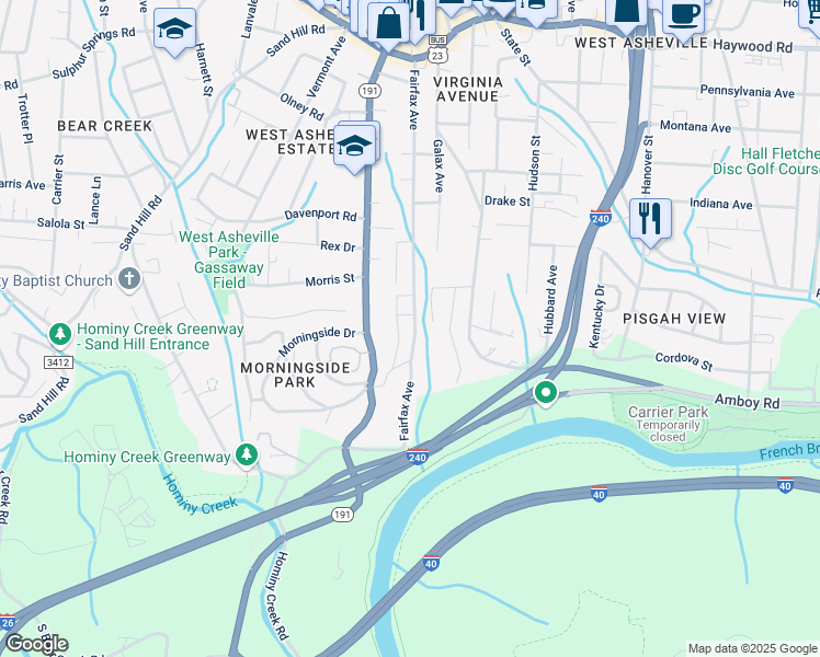 map of restaurants, bars, coffee shops, grocery stores, and more near 224 Fairfax Avenue in Asheville