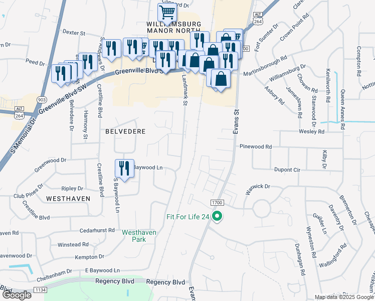 map of restaurants, bars, coffee shops, grocery stores, and more near 3309 Landmark Street in Greenville