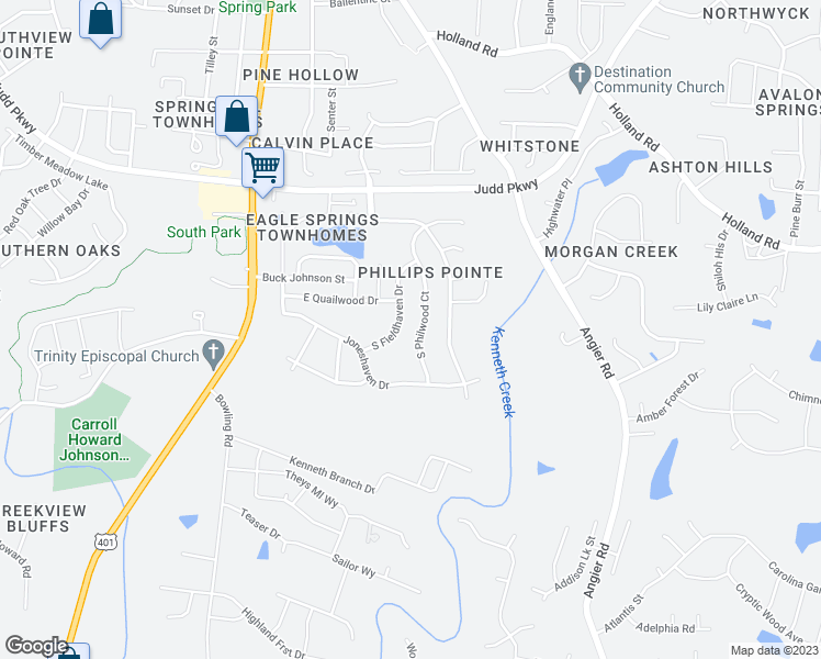 map of restaurants, bars, coffee shops, grocery stores, and more near 1036 South Philwood Court in Fuquay Varina