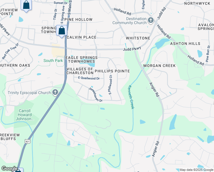 map of restaurants, bars, coffee shops, grocery stores, and more near 1036 South Philwood Court in Fuquay Varina