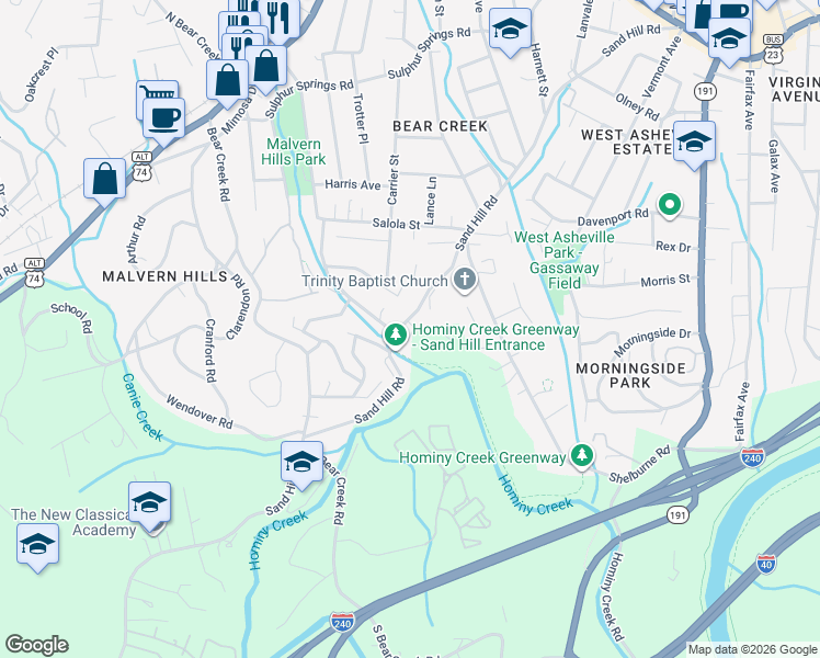 map of restaurants, bars, coffee shops, grocery stores, and more near 385 Sand Hill Road in Asheville
