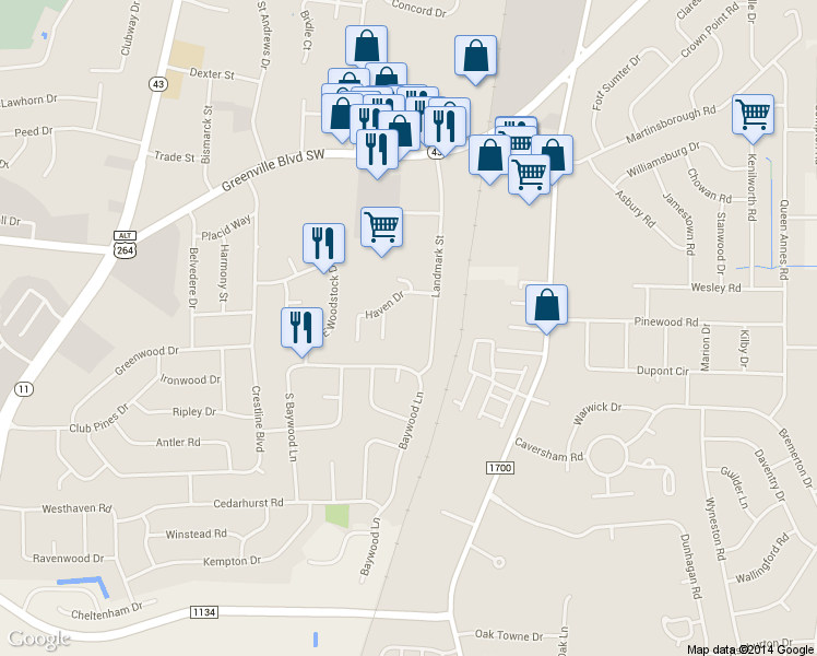map of restaurants, bars, coffee shops, grocery stores, and more near 324 Haven Drive in Greenville