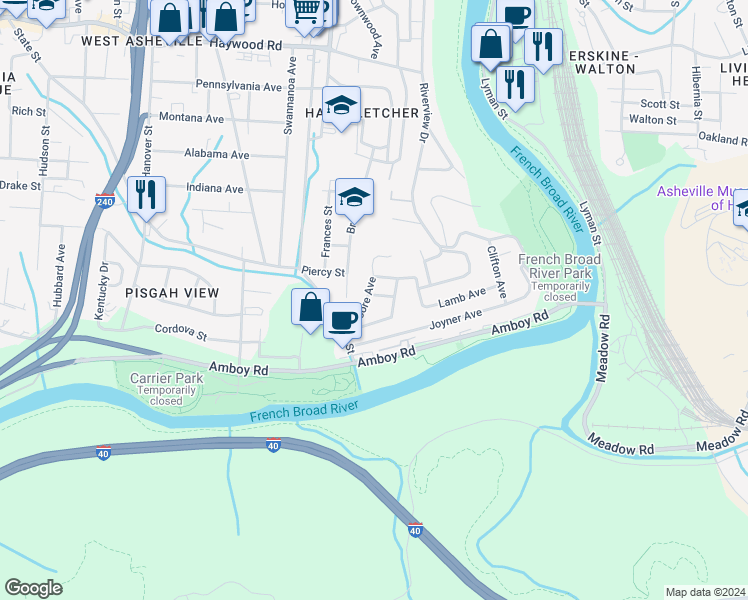 map of restaurants, bars, coffee shops, grocery stores, and more near 31 Moore Avenue in Asheville