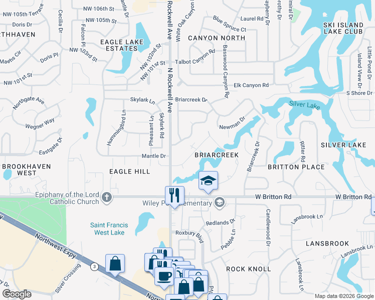 map of restaurants, bars, coffee shops, grocery stores, and more near 7012 Basswood Canyon Road in Oklahoma City