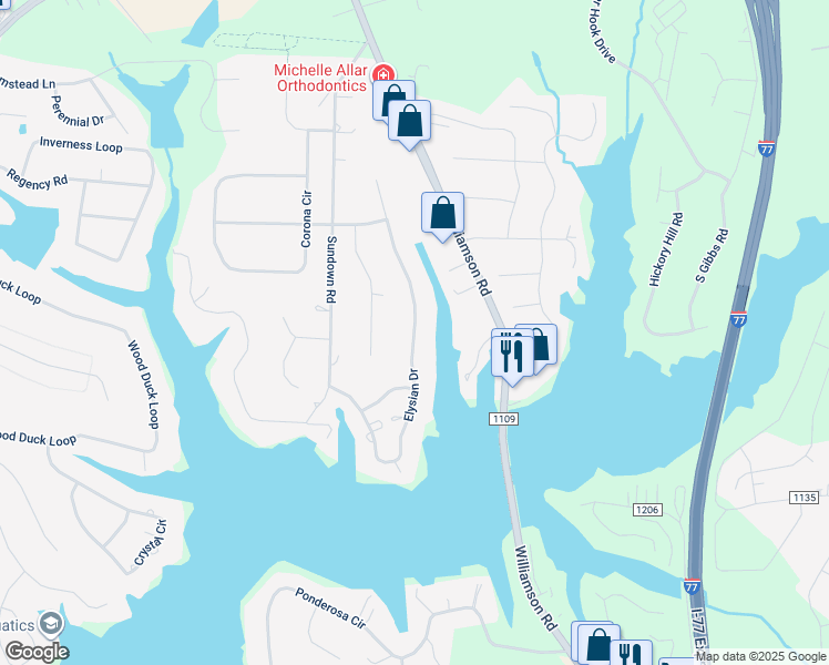 map of restaurants, bars, coffee shops, grocery stores, and more near Elysian Drive in Mooresville