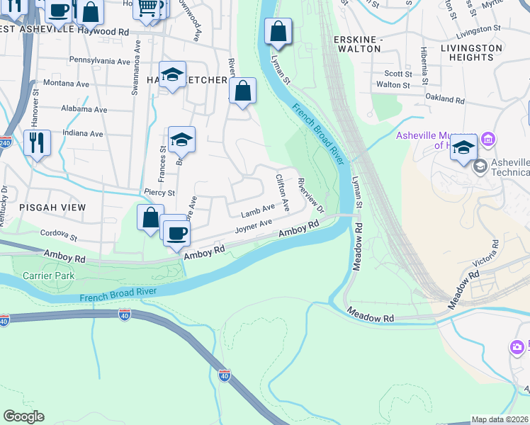 map of restaurants, bars, coffee shops, grocery stores, and more near 42 Tahkieostie Trail in Asheville