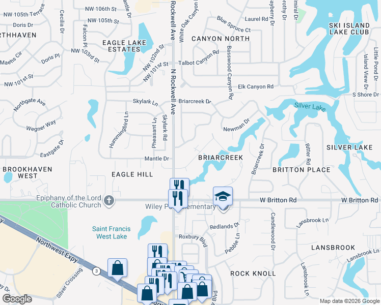 map of restaurants, bars, coffee shops, grocery stores, and more near 7012 Basswood Canyon Road in Oklahoma City