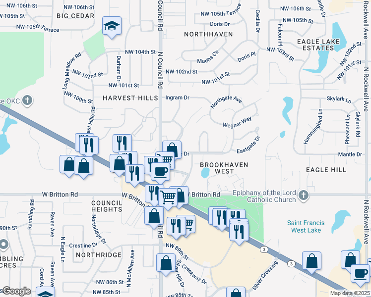 map of restaurants, bars, coffee shops, grocery stores, and more near 9700 Mashburn Boulevard in Oklahoma City