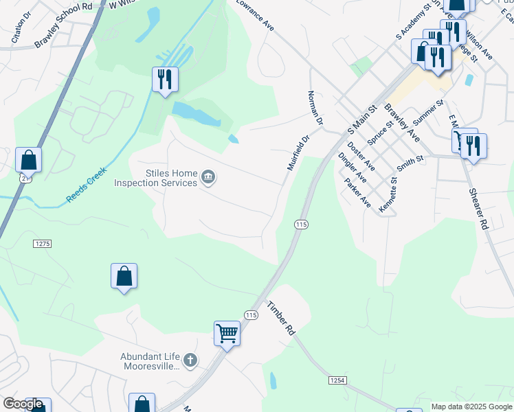 map of restaurants, bars, coffee shops, grocery stores, and more near 116 Montrose Drive in Mooresville