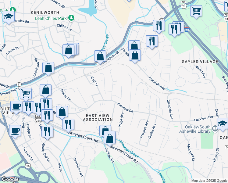 map of restaurants, bars, coffee shops, grocery stores, and more near 29 First Street in Asheville