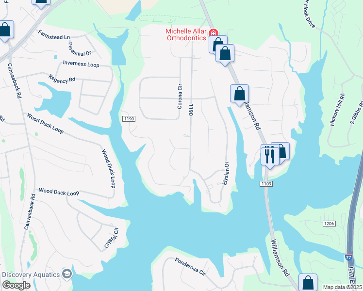 map of restaurants, bars, coffee shops, grocery stores, and more near 132 Shoreview Drive in Mooresville