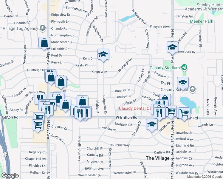 map of restaurants, bars, coffee shops, grocery stores, and more near 2505 Carlton Way in The Village