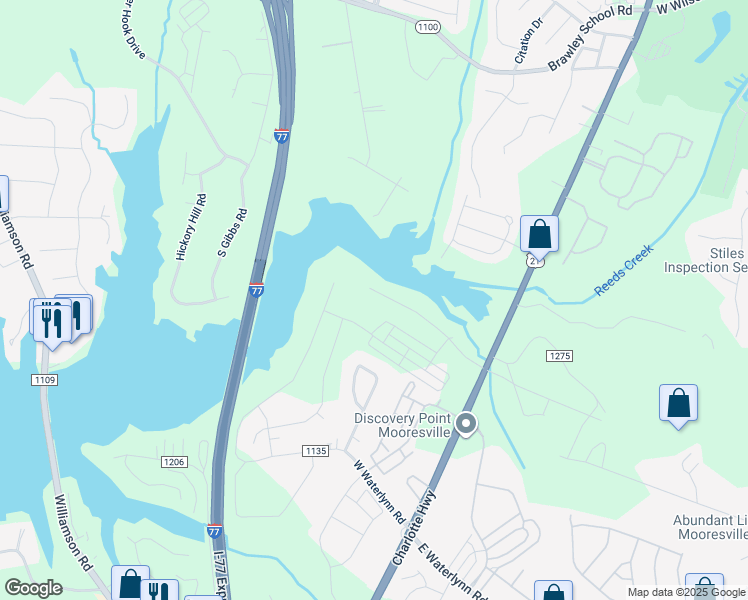 map of restaurants, bars, coffee shops, grocery stores, and more near 179 Huntington Lane in Mooresville