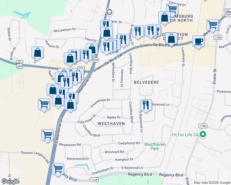 map of restaurants, bars, coffee shops, grocery stores, and more near 100 Lindenwood Drive in Greenville