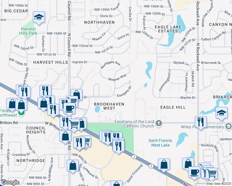 map of restaurants, bars, coffee shops, grocery stores, and more near 9713 Devore Drive in Oklahoma City