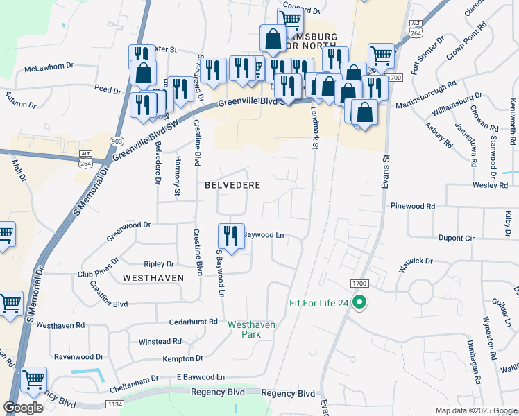 map of restaurants, bars, coffee shops, grocery stores, and more near 214 Woodstock Drive in Greenville