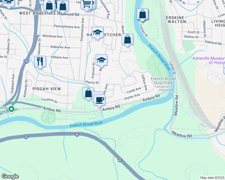 map of restaurants, bars, coffee shops, grocery stores, and more near 11 Peace Street in Asheville