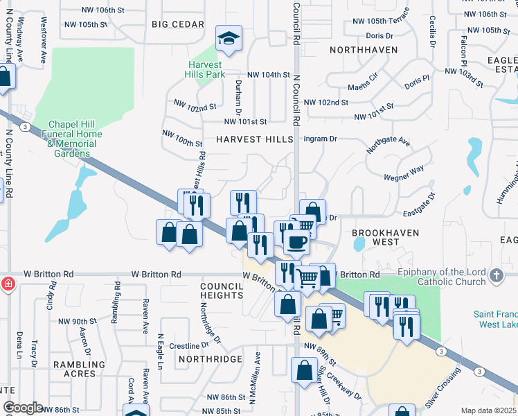 map of restaurants, bars, coffee shops, grocery stores, and more near 8204 Northwest 98th Street in Oklahoma City