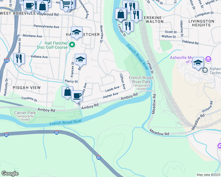 map of restaurants, bars, coffee shops, grocery stores, and more near 23 Lamb Avenue in Asheville