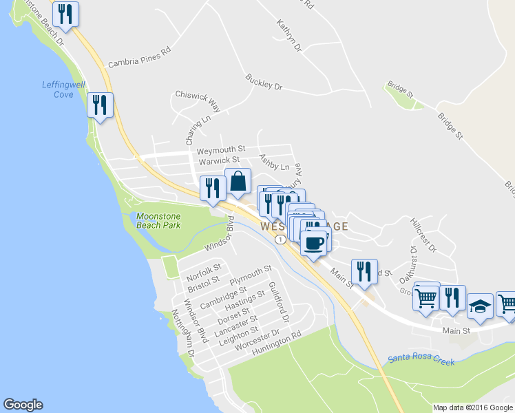 map of restaurants, bars, coffee shops, grocery stores, and more near Kent Street in Cambria