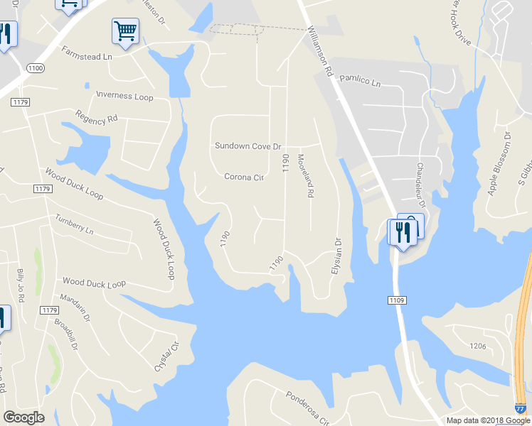 map of restaurants, bars, coffee shops, grocery stores, and more near 116 Shoreview Drive in Mooresville