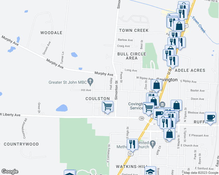 map of restaurants, bars, coffee shops, grocery stores, and more near 411 Hall Alley in Covington