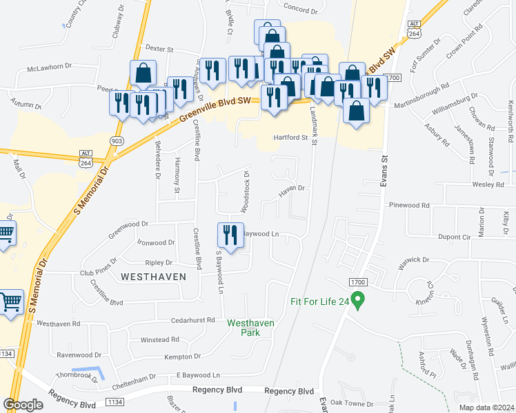 map of restaurants, bars, coffee shops, grocery stores, and more near 344 Haven Drive in Greenville