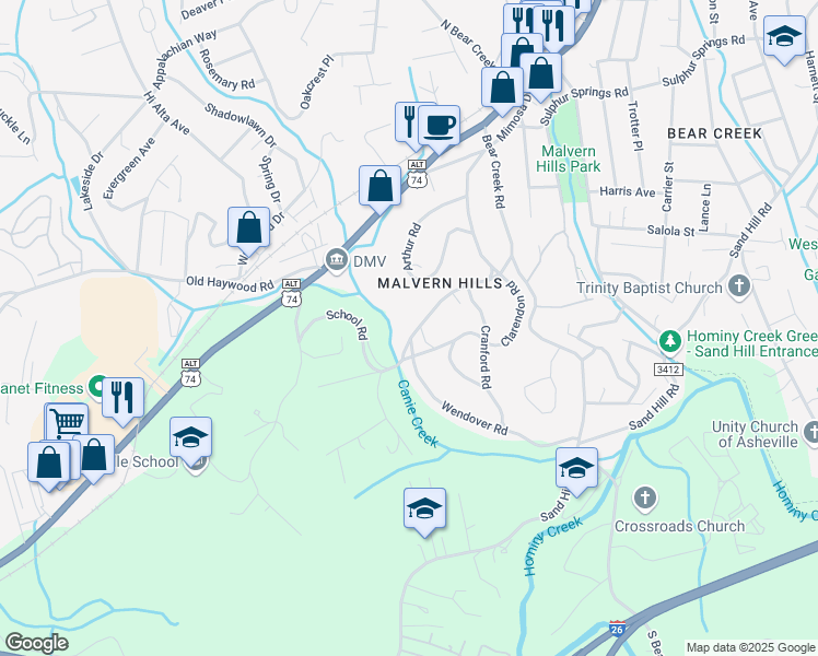 map of restaurants, bars, coffee shops, grocery stores, and more near 221 School Road in Asheville