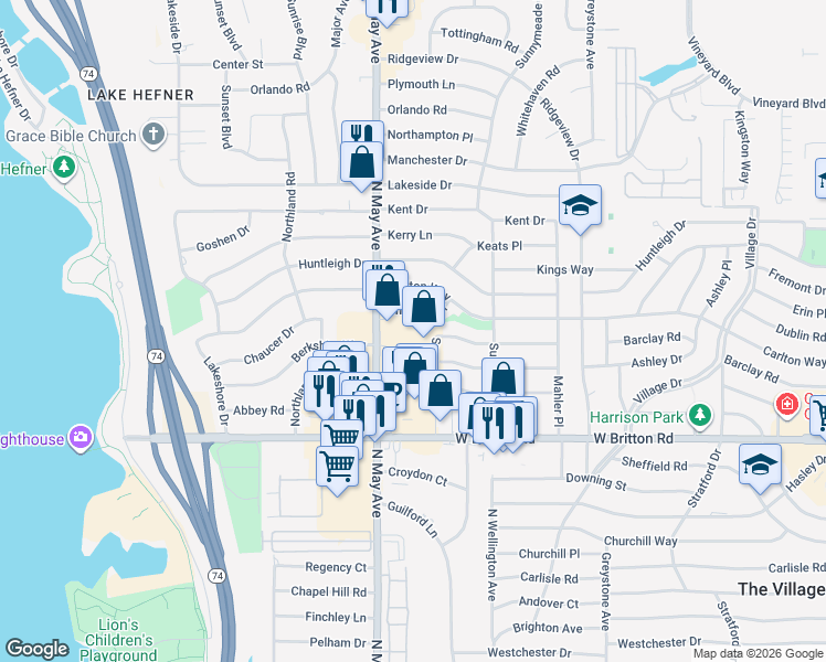 map of restaurants, bars, coffee shops, grocery stores, and more near 2824 Chaucer Drive in The Village