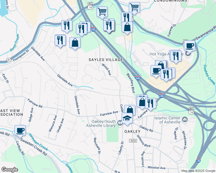 map of restaurants, bars, coffee shops, grocery stores, and more near 99999 Cheerio Lane in Asheville