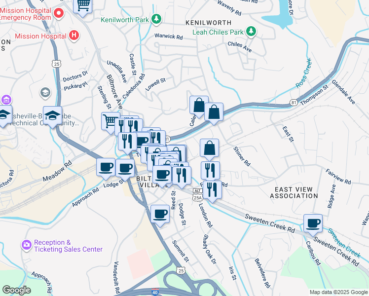 map of restaurants, bars, coffee shops, grocery stores, and more near 81 Thompson Street in Asheville