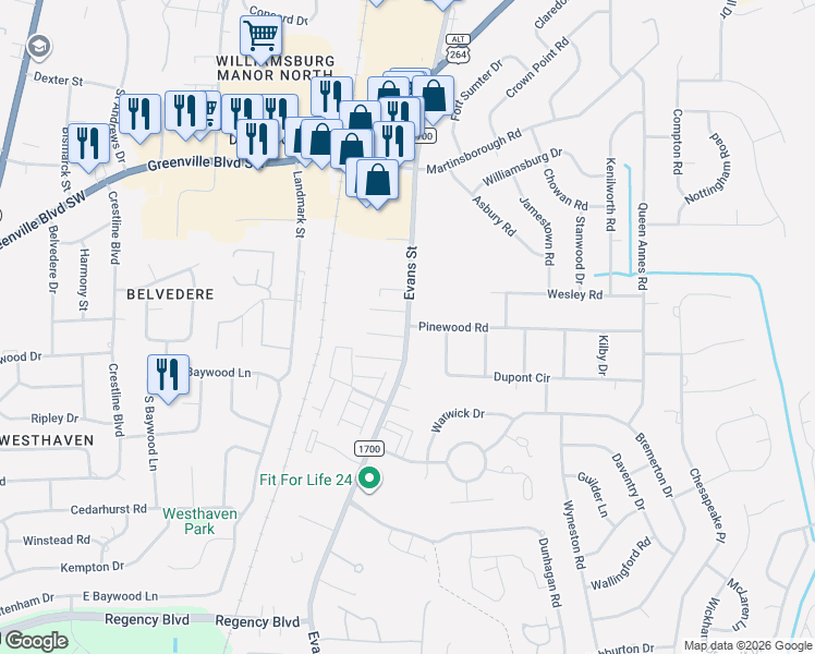 map of restaurants, bars, coffee shops, grocery stores, and more near 3306 Evans Street in Greenville